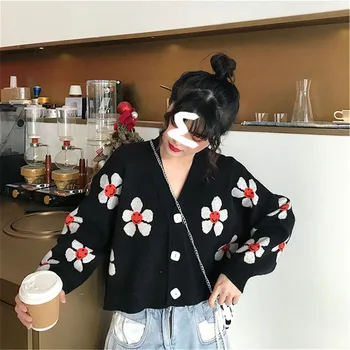 2020 Femei Vrac Tricotaje Adulți Model Floare cu Maneci Lungi V-neck Butonul de Jos Cardigan de Agrement Purta Noua de Toamna Iarna