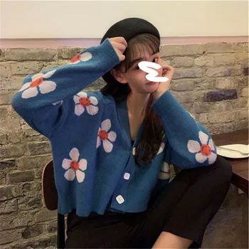2020 Femei Vrac Tricotaje Adulți Model Floare cu Maneci Lungi V-neck Butonul de Jos Cardigan de Agrement Purta Noua de Toamna Iarna