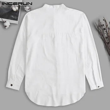INCERUN Tricou Bărbați ' s Bumbac Stand de Guler Maneca 3/4 Butonul Culoare Solidă Bluză Casual Harajuku Agrement Camisas Epocă Topuri S-5XL