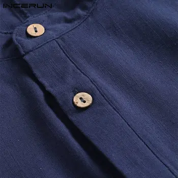 INCERUN Tricou Bărbați ' s Bumbac Stand de Guler Maneca 3/4 Butonul Culoare Solidă Bluză Casual Harajuku Agrement Camisas Epocă Topuri S-5XL