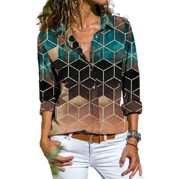 Femei Retro Casual, Camasi Si Bluze Buzunare De Piept Plus Dimensiune Geometric Print Boho Camasa Maneca Lunga Femei Singure Pieptul Topuri