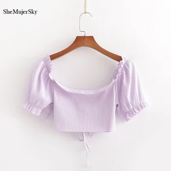 SheMujerSky Sexy Tricotate Bluza Volane Elastic V-gât Adânc Bandaj Trunchiate de Sus 2020 Petrecere de Vara Topuri