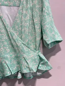2021 Primăvara Devreme Floral pentru Femei Bluza V-Neck Maneca Scurta, Talie Dantelă-up Tricou Femei Casual Dulce Volane Tirm Bluze Top
