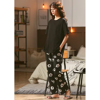 Vara negru topuri cu flori negru print pantaloni lungi acasă în pijama seturi de femei de moda tineri acasă purta haine pentru fete