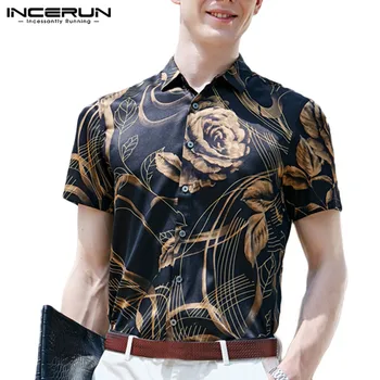 INCERUN Faux din Satin Cămașă Bărbați Florale Imprimate Rever 2021 Maneci Scurte Vintage Camisa Masculina Elegant Marca Tricou Bărbați S-5XL