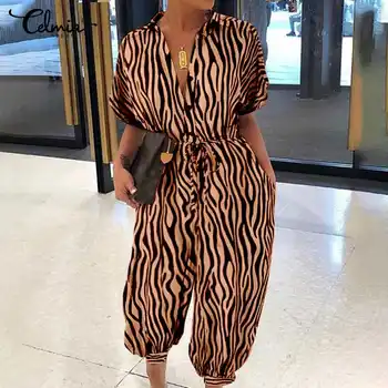 Celmia Femei Salopete cu Maneci Scurte Vintage Pantaloni de Vară 2021 Zebra Print Casual Pierde Salopetă cu Centură Salopetă Fund