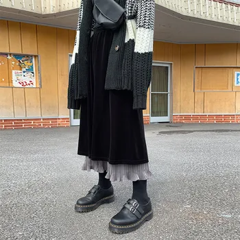 Iarna Vintage De Catifea, Fuste Plisate Femei Negru Împletit Talie Înaltă Lung Retro Velur Fusta Stil Coreean De Sex Feminin Faldas Saias