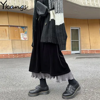 Iarna Vintage De Catifea, Fuste Plisate Femei Negru Împletit Talie Înaltă Lung Retro Velur Fusta Stil Coreean De Sex Feminin Faldas Saias