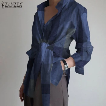 ZANZEA Dantelă-Up Butoane Topuri 2021 Primăvară Epocă Rever Neck Maneca Lunga Bluza Oversized Femei Carouri Camasa Casual Blusas Mujer