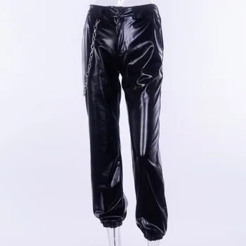 Streetwear Pantaloni Femei Negru din Piele PU Pantaloni Cu Lanț Decor Elastic Picioare de sex Feminin Noua Moda de Toamna cu Fermoar Pantaloni