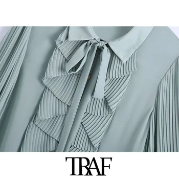 TRAF de Moda pentru Femei, Cu Nasturi Ciufulit Bluze Vintage Plisata cu Maneci Lungi Uzura de Birou de sex Feminin Tricouri Blusas Topuri Chic