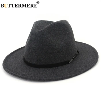 BUTTERMERE Margine Largă Pălării pentru Bărbați Pălării de Lână de culoare Kaki Casual Jazz Pălărie Femei Mari Refuz Solid Centura de Moda Toamna Fedora Capace Negre