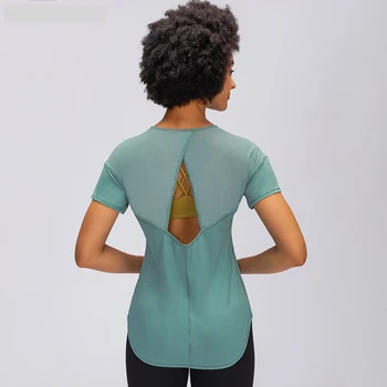 Usoare ochiurilor de Plasă Mozaic Antrenament sala de Sport cu Mâneci Scurte Tricouri Femei Șold Lungime Vrac se Potrivi Sport Fitness Yoga T-shirt