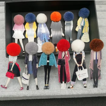 Moda Ace de Brosa pentru Femei Broșe Desene animate Fete de Modele Acrilice Broșe Pompom Haine Accesorii Bijuterii Cutie de Cadou