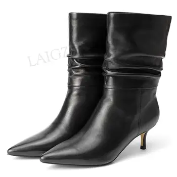 LAIGZEM QualityLEATHER Femei Slouth Cizme Tocuri Pisoi Aluneca Pe Botas Chaussure Cizme de Iarna Pantofi de Femeie Botas Mujer Marimea 34 39