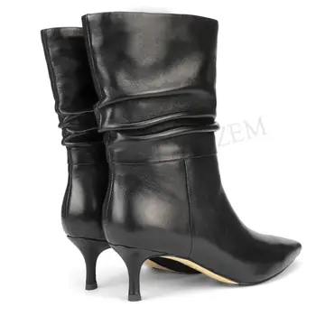 LAIGZEM QualityLEATHER Femei Slouth Cizme Tocuri Pisoi Aluneca Pe Botas Chaussure Cizme de Iarna Pantofi de Femeie Botas Mujer Marimea 34 39