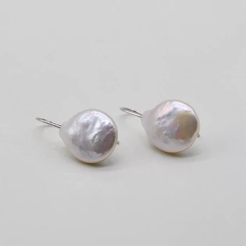 Scurt cercei cu perle. Alb Natural monedă baroc pearl. 925 sterling silver hook. Femei cercei cu perle, stil simplu
