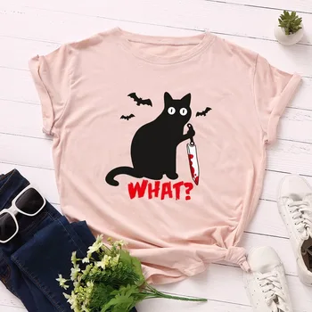 Vara Bumbac Femei T Shirt S-5XL Plus Dimensiune Drăguț Amuzant Cat de Imprimare Maneca Scurta Bluze Casual Simplu O-Gât de sex Feminin Tricouri