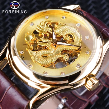 Forsining 2018 Golden Dragon Chinezesc Design Curea de Piele Maro Mecanice Ceasuri barbati ceasuri de top de brand de lux schelet ceas