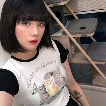 Goth Fată Nouă Drăguț T-shirt Femei Fluture Pisici Tipărite Ciuperca Mozaic Tumblr Haine Streetwear Punk Ins Stil de Top Teuri Femme