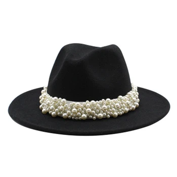 Femei pălării de iarnă margine largă curea bandă perla brand de lux jazz capace formale biserica de iarnă pentru femei pălării albe, roz fedora felted pălării