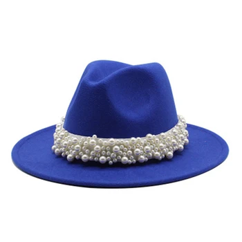 Femei pălării de iarnă margine largă curea bandă perla brand de lux jazz capace formale biserica de iarnă pentru femei pălării albe, roz fedora felted pălării