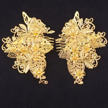 JaneVini Stil Chinezesc Flori Ace de Păr 2 buc de Aur de Epocă Piepteni Parul se Lipeste de Par Mireasa Bijuterii Ciucure Lung de Nunta Bentita
