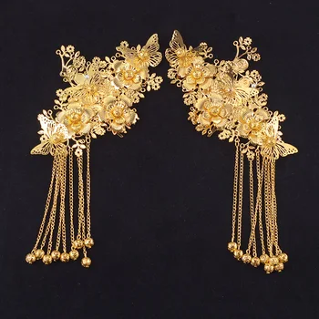 JaneVini Stil Chinezesc Flori Ace de Păr 2 buc de Aur de Epocă Piepteni Parul se Lipeste de Par Mireasa Bijuterii Ciucure Lung de Nunta Bentita