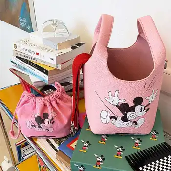 Disney femei mickey mouse umăr geanta messenger pu geantă de mână de desene animate Minnie sac Găleată 2 buc set