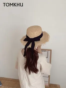 Top plat Panglică Lafite Pălărie de Paie pentru Femei de sex Feminin Japonez Arcul Mici Proaspete Protectie Soare Vacanta pe Litoral Plaja Palarie de Soare de Călătorie