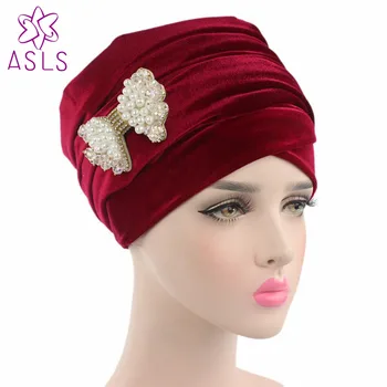 Nou lux hijab Nigeria Turban de catifea Cap Înfășurați în Plus indian Headwrap Cravată cu perlă bowknot brosa pentru femei, accesorii de Par