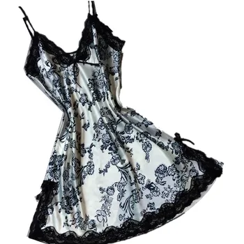 Alb Negru Nou Stil De Vara Mini Pijamale Pentru Femei De Imprimare Satin De Mătase, Îmbrăcăminte De Noapte Transport Gratuit Adânc V-Gât Tentația Cămăși De Noapte