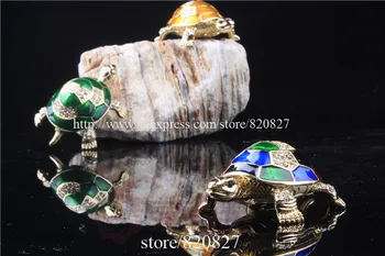 Vintage Turtle Bijuterii Breloc Cutie Decorativ De Colectie Email Mare Cadou Broasca Mare De Cristal Împânzit Comoara Keepsake Box