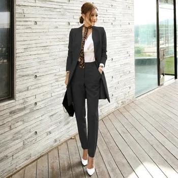Gâfâi Costume Pentru Femei Sacou Set de Toamnă Doamnă de Afaceri, Munca de Birou Stil coreean Uniformă V-gât Lung Sacou Elegant cu Pantaloni Costume