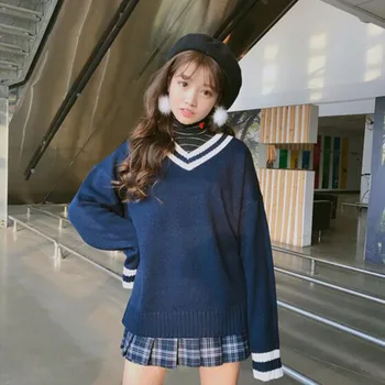 Pulovere Femei cu Dungi Școală V-Neck Harajuku Girls-coreean la Modă în Vrac Femei Top All-meci Ulzzang Epocă Simplu Dulce
