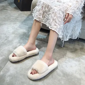 Vara Pufos De Blană De Raton Papuci Pantofi Femei Blană De Vulpe Flip Flop Plat Cu Blană Blană De Slide-Uri În Aer Liber Sandale Pentru Femeie Pantofi Uimitoare