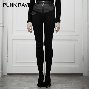 PUNK RAVE Femei Punk Talie Mare PU Textura de Cusut Pantaloni Denim Elastic Mic Capac Sac de Decor Feminin Creion Pantaloni