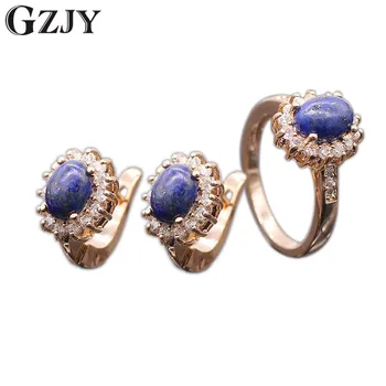 GZJY Stil Romantic Natural Lapis lazuli AAA Zircon Cubic de Culoare Rose Gold Cercei Floare Inel Pentru Femei en-Gros