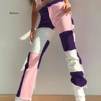 Moda Mozaic Femei Blugi Roz Bloc Slim Straight Denim Pantaloni Cu Talie Înaltă Streetwear Feminin Hip Hop Jean Pantaloni Plus Dimensiune