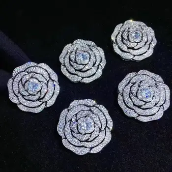 Camellia brosa argint 925 cu cubic zircon floare broșă 34MM clasic femei frumoase bijuterii pentru haina