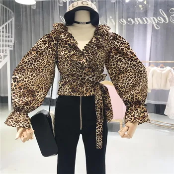ALPHALMODA Toamna Leopard de imprimare de Moda Tricou V Ciufulit Guler Lantern Maneca Ordonat Eșarfe Cravată Slim Femei Bluze Camasi