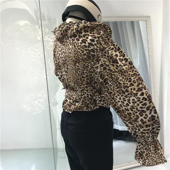 ALPHALMODA Toamna Leopard de imprimare de Moda Tricou V Ciufulit Guler Lantern Maneca Ordonat Eșarfe Cravată Slim Femei Bluze Camasi