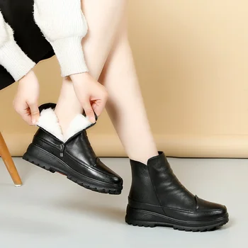 DRKANOL Negru Clasic Femei Cizme de Zăpadă din Piele rezistent la apa Pană Platforma Cald Lână Blană Cizme Pantofi Femei Cizme Glezna