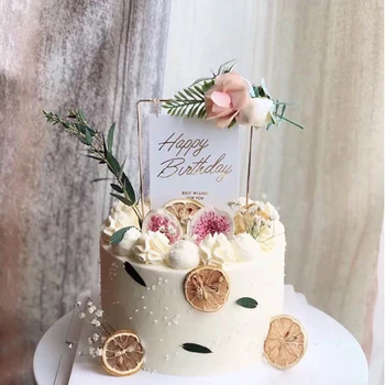 Acrilice Metalice Happy Birthday Cake Topper cu flori Artificiale Pentru DIY Copil de Dus la Petrecerea de Ziua Copt Tort de Decorare Steaguri