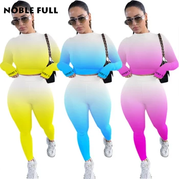 Sport Norocos Lable Broderie Gradient Print pentru Femei Costum Tee Topuri Set de Pantaloni de Trening Două Bucata Costum de Active Trening