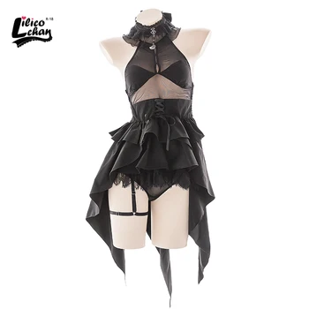 Lilicochan Demon Costume Cosplay Negru Dantelă Lenjerie Sexy pentru Femei Menajera Tentația Drăguț Nunta Rău Anime Rochie fara Spate