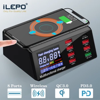 ILEPO 100W PD QC3.0 Încărcător Rapid 8 Port USB Smart Display LCD de Încărcare Stație de Andocare Wireless Qi Încărcător Rapid Pentru iPhone Samsung