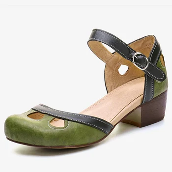 Femei Sandale Retro Doamnelor De Cauzalitate Pantofi Cataramă Curele Howllow Afară Doamnelor Tocuri Medii Vintage Pantofi De Vara Pentru Femeie, Plus Dimensiunea Moda