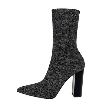 34-43 Sexy Șosete Cizme De Tricotat Întinde Pătrat Cu Toc Pentru Femei Subliniat Toe Pantofi 2021 Toamna De Moda Rochie De Femeie Bărci De Argint