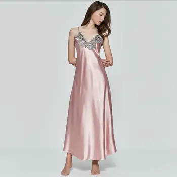 2020 NOUĂ Femei Pijamale Rochie de Vara Sexy V-neck fără Mâneci Satin de Mătase, cu Dantelă Lung Rochii de Noapte camasa de noapte